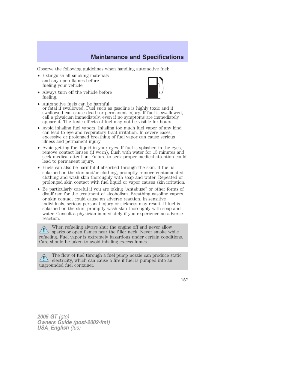 Maintenance and specifications | FORD 2005 GT User Manual | Page 157 / 200