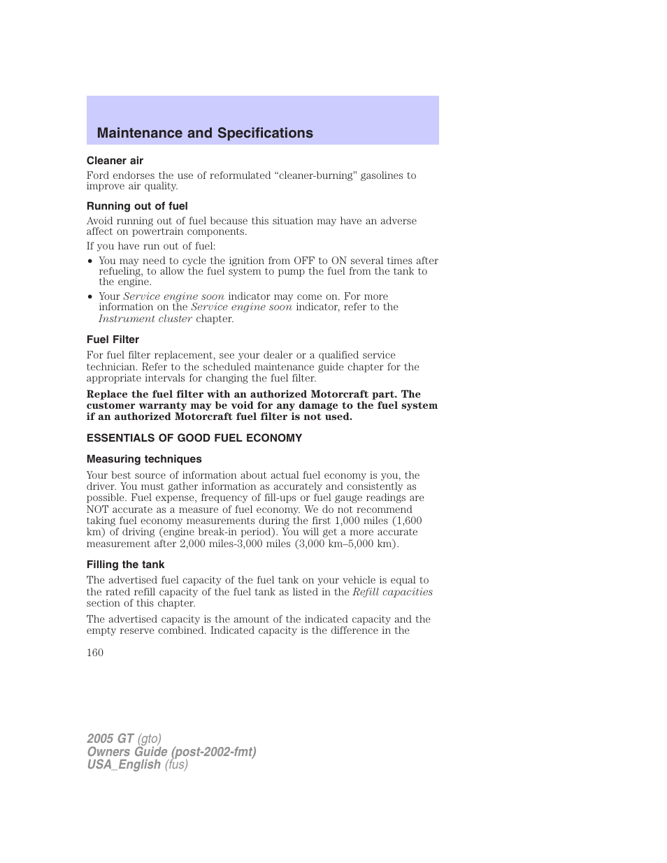Maintenance and specifications | FORD 2005 GT User Manual | Page 160 / 200