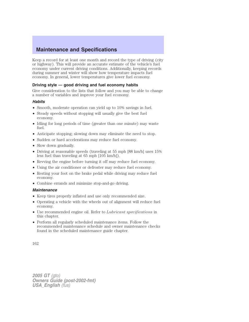 Maintenance and specifications | FORD 2005 GT User Manual | Page 162 / 200