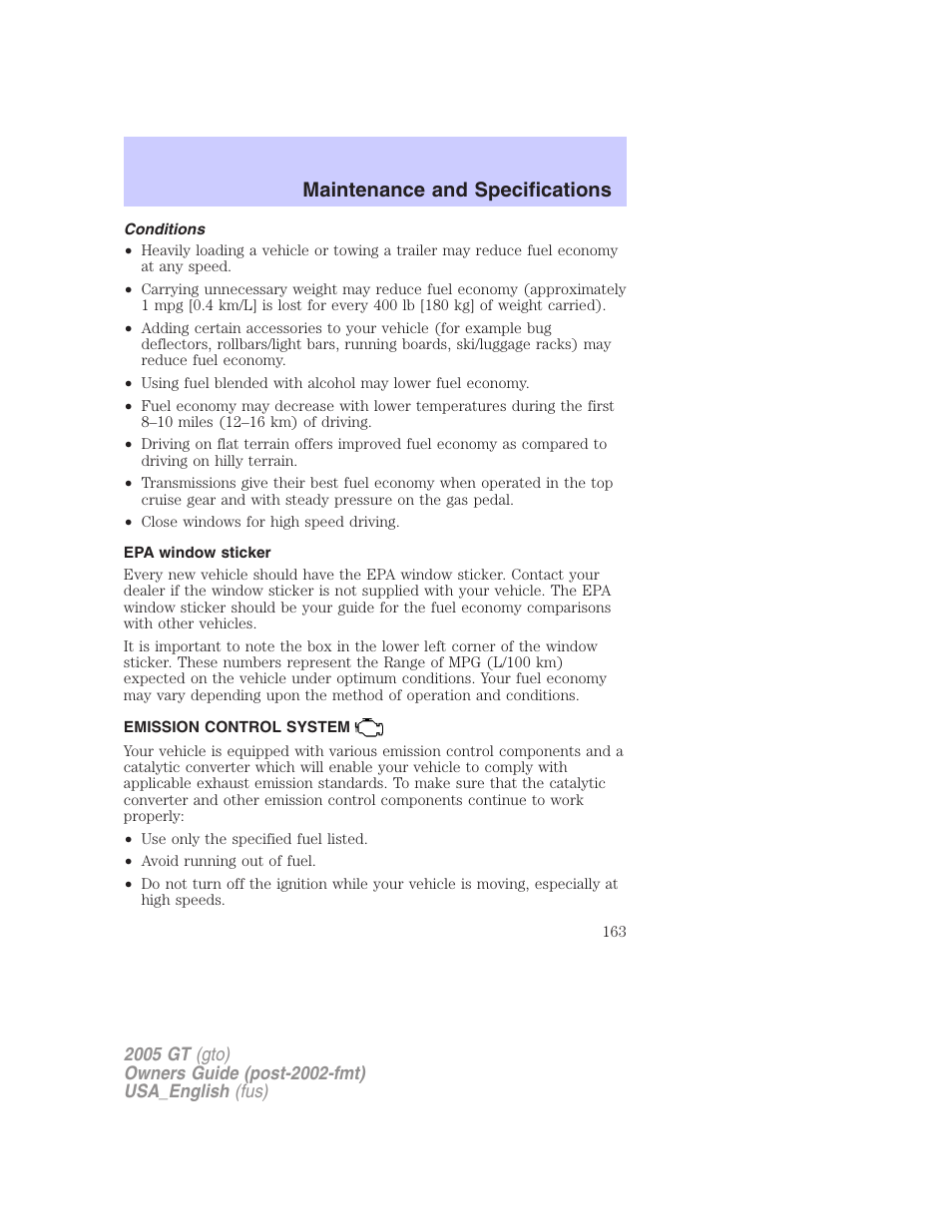 Maintenance and specifications | FORD 2005 GT User Manual | Page 163 / 200