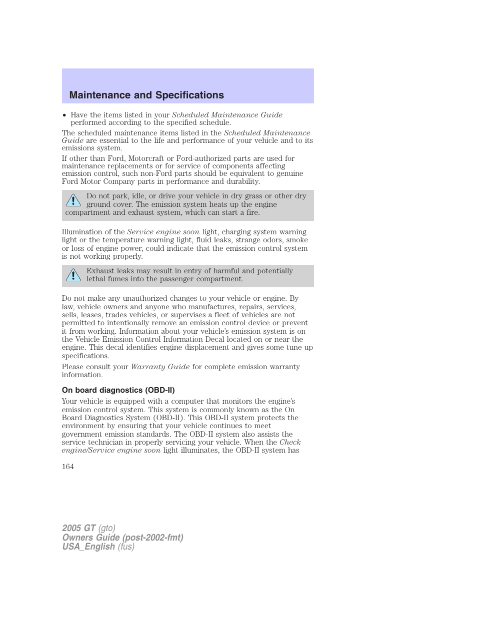 Maintenance and specifications | FORD 2005 GT User Manual | Page 164 / 200