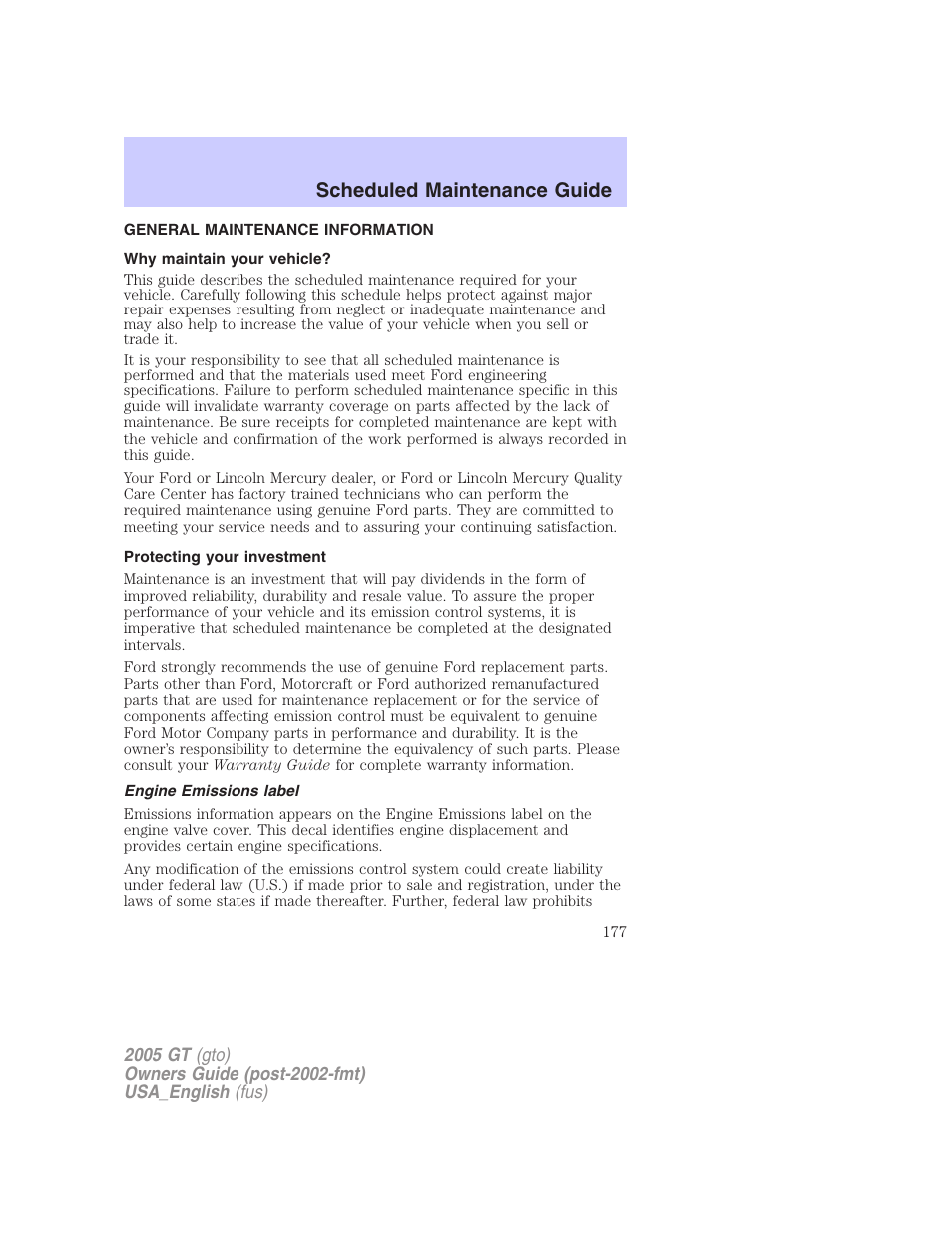 Scheduled maintenance guide | FORD 2005 GT User Manual | Page 177 / 200