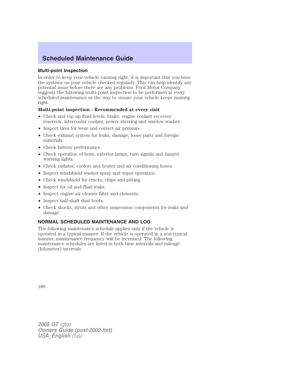 Scheduled maintenance guide | FORD 2005 GT User Manual | Page 180 / 200