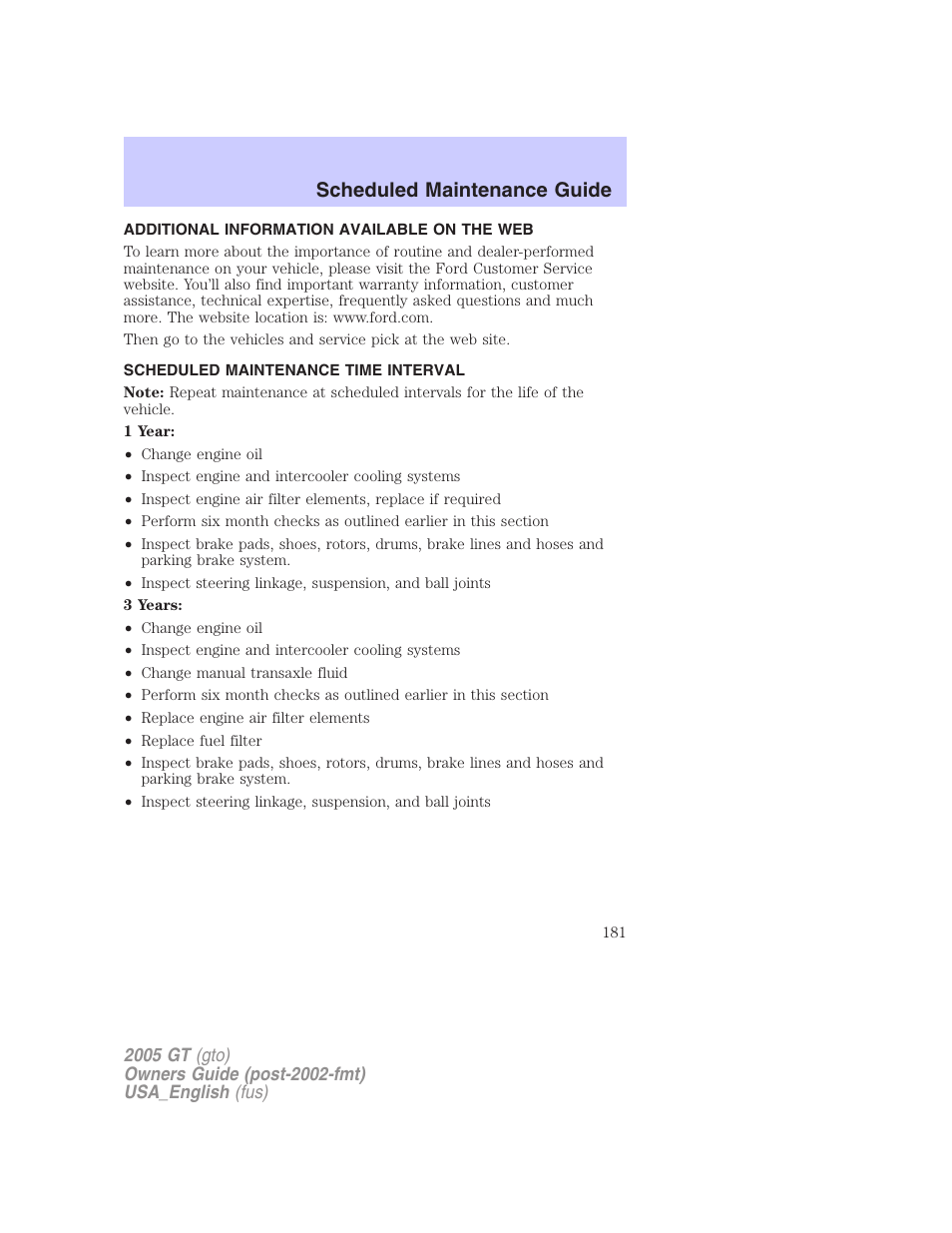 Scheduled maintenance guide | FORD 2005 GT User Manual | Page 181 / 200