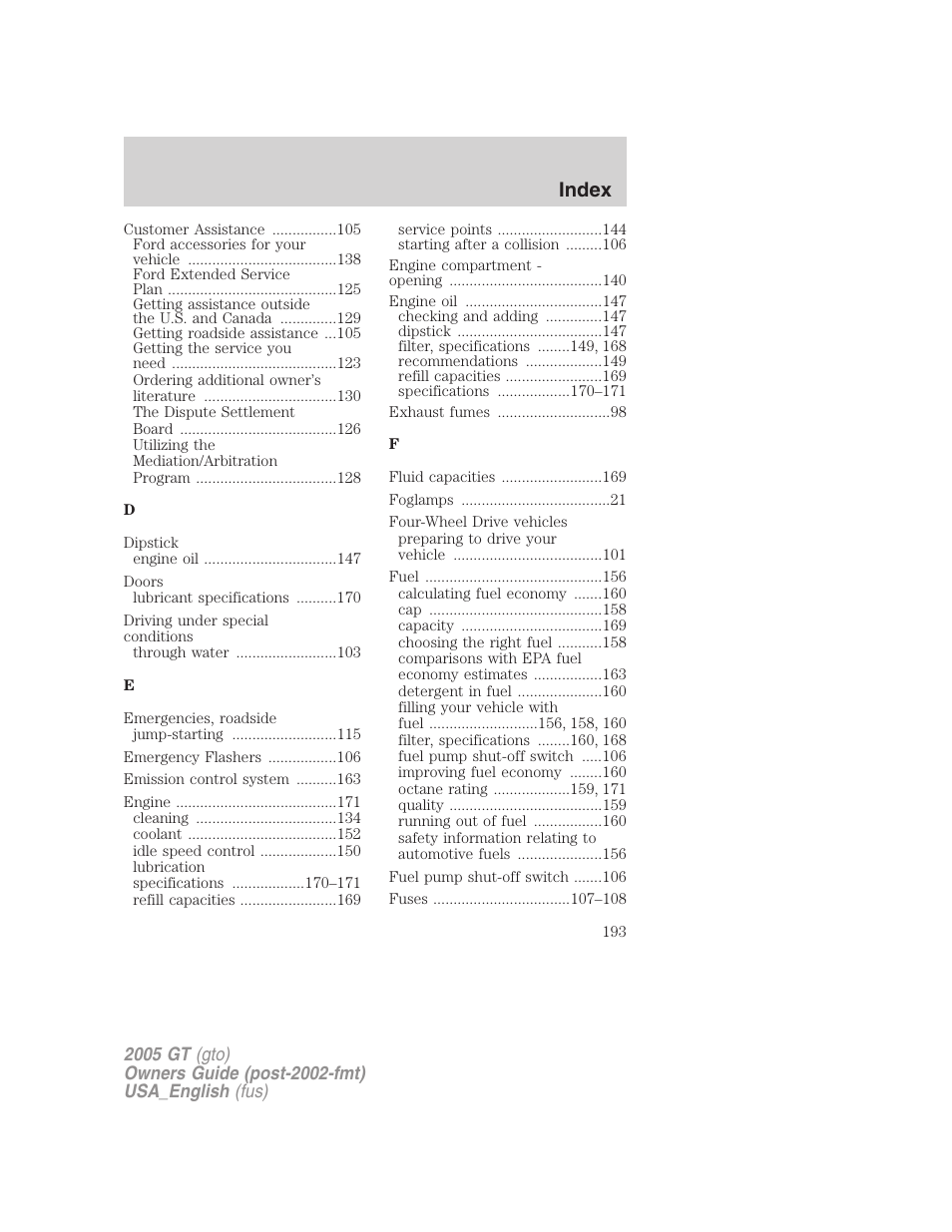 Index | FORD 2005 GT User Manual | Page 193 / 200