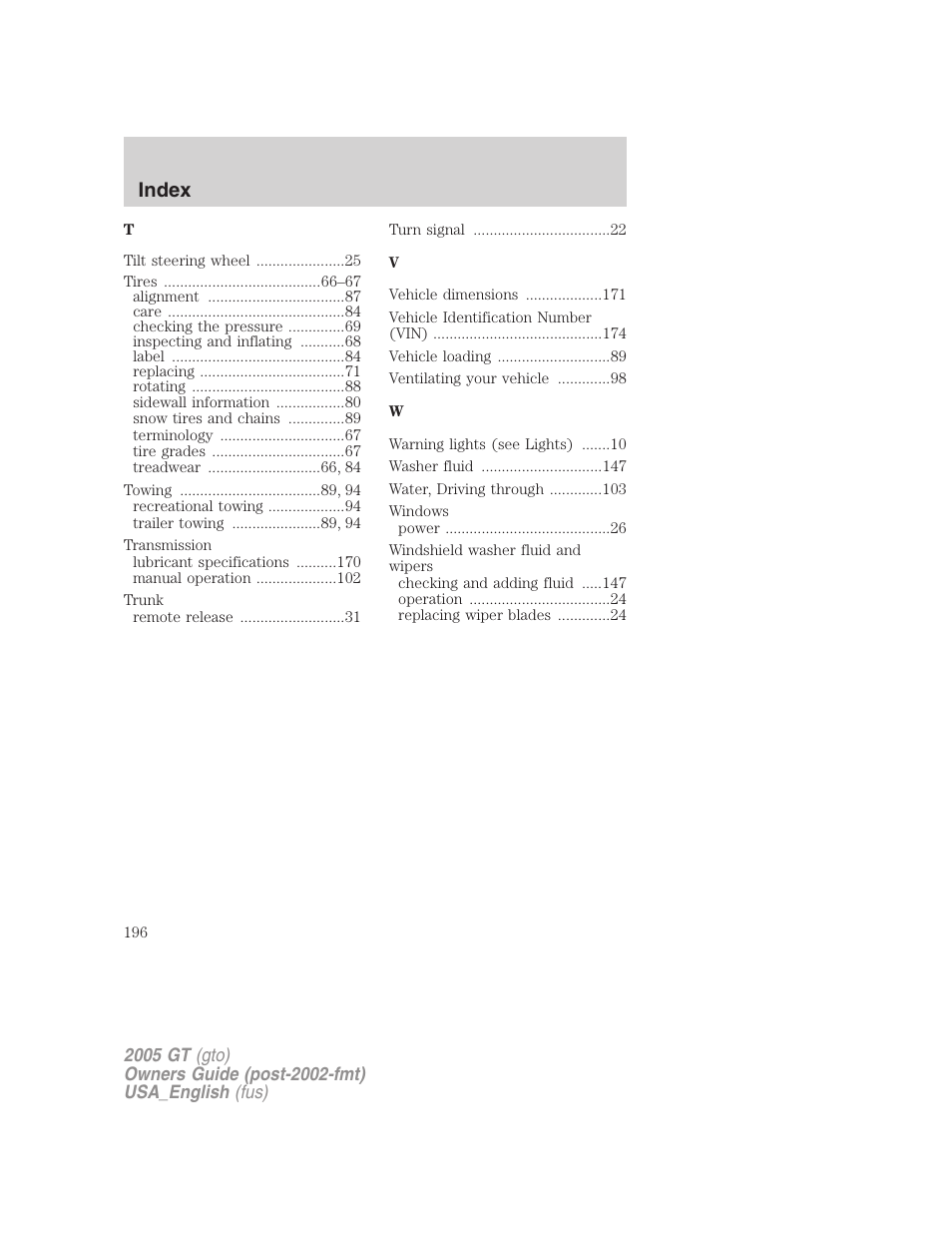 Index | FORD 2005 GT User Manual | Page 196 / 200