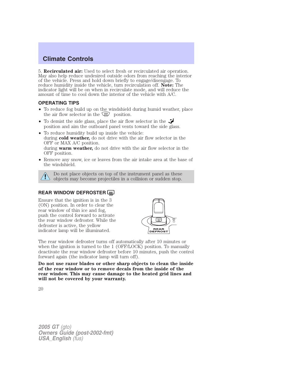 Climate controls | FORD 2005 GT User Manual | Page 20 / 200