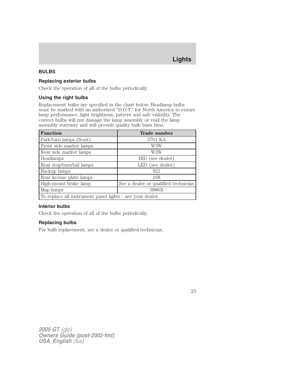 Lights | FORD 2005 GT User Manual | Page 23 / 200