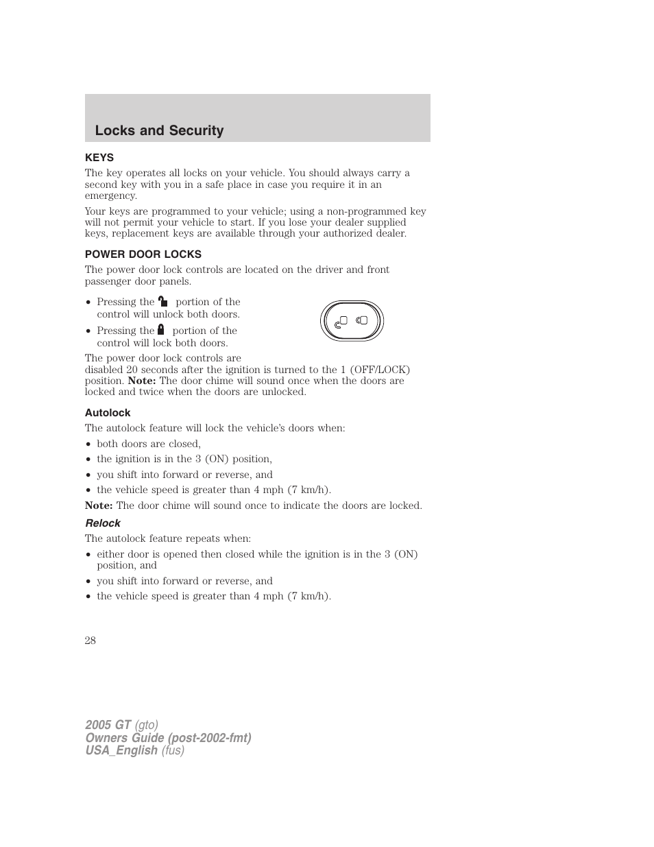 Locks and security | FORD 2005 GT User Manual | Page 28 / 200