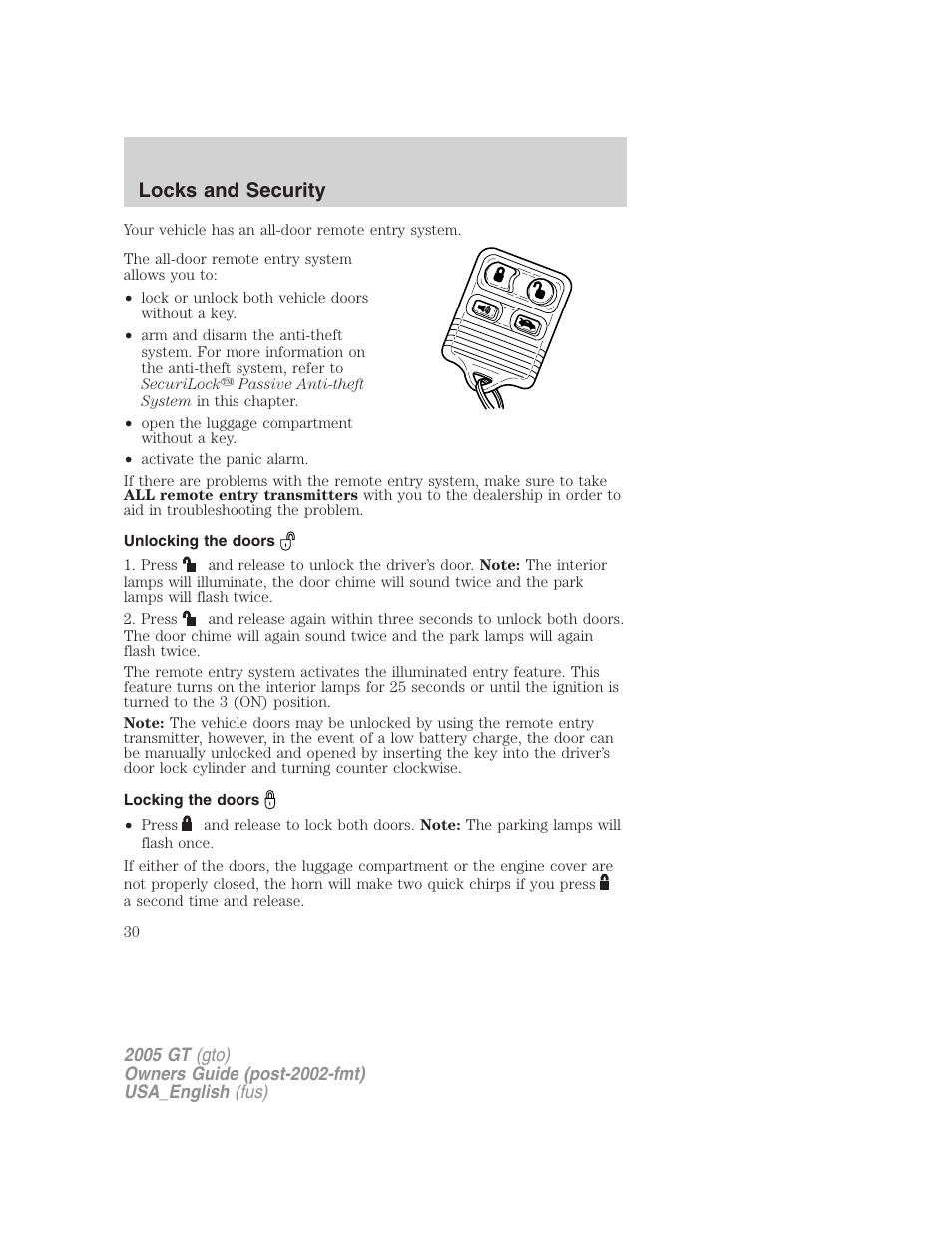 Locks and security | FORD 2005 GT User Manual | Page 30 / 200