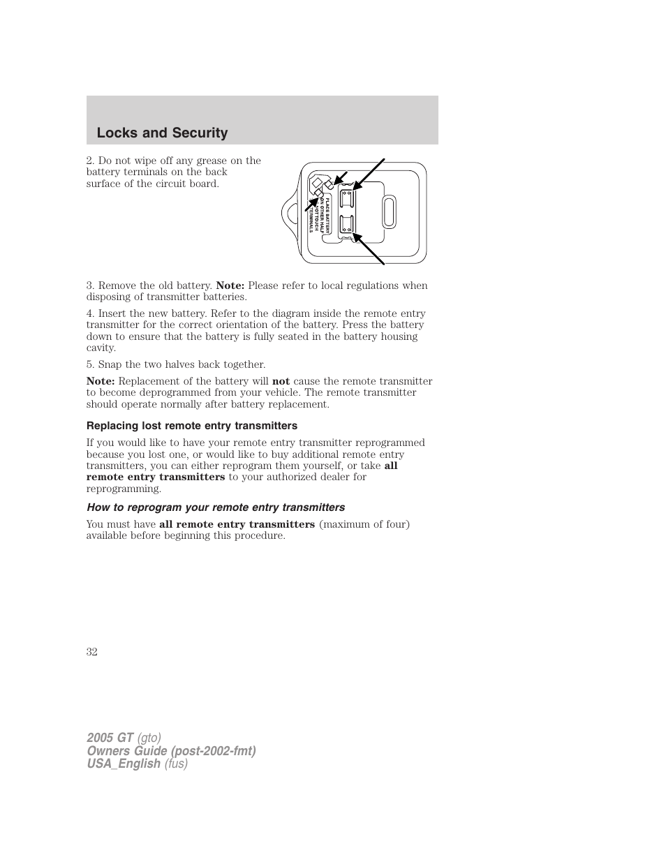 Locks and security | FORD 2005 GT User Manual | Page 32 / 200