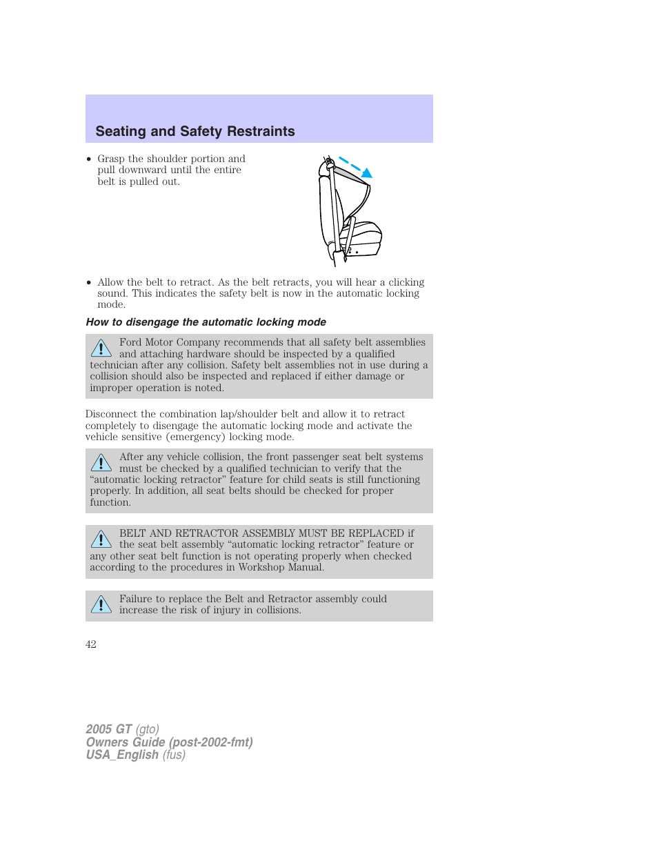 Seating and safety restraints | FORD 2005 GT User Manual | Page 42 / 200