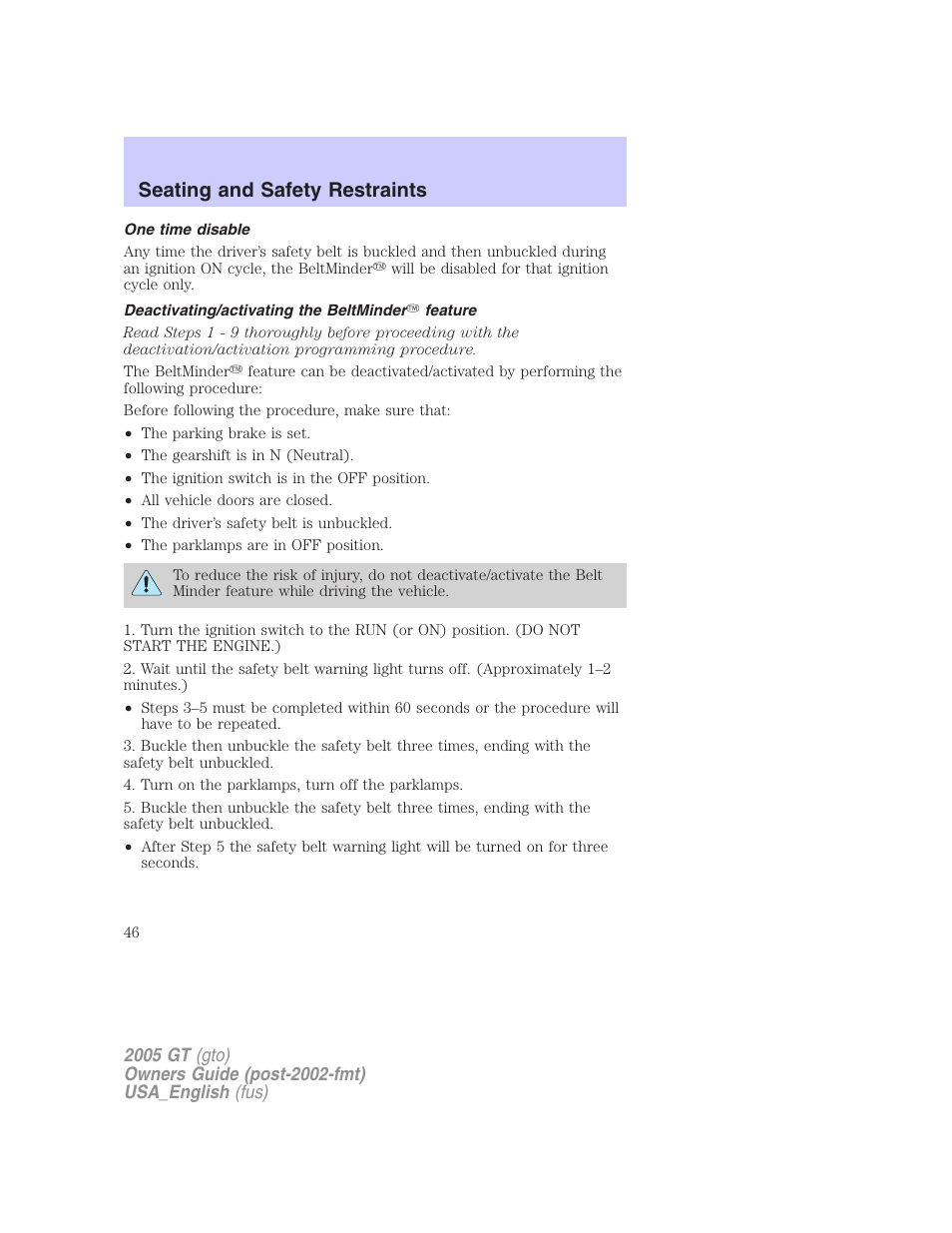 Seating and safety restraints | FORD 2005 GT User Manual | Page 46 / 200