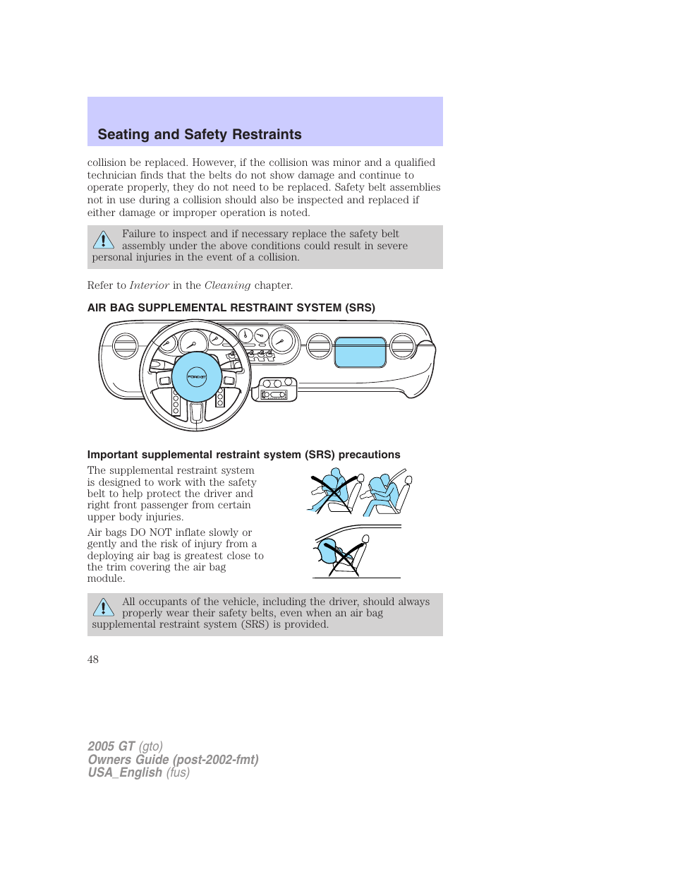 Seating and safety restraints | FORD 2005 GT User Manual | Page 48 / 200