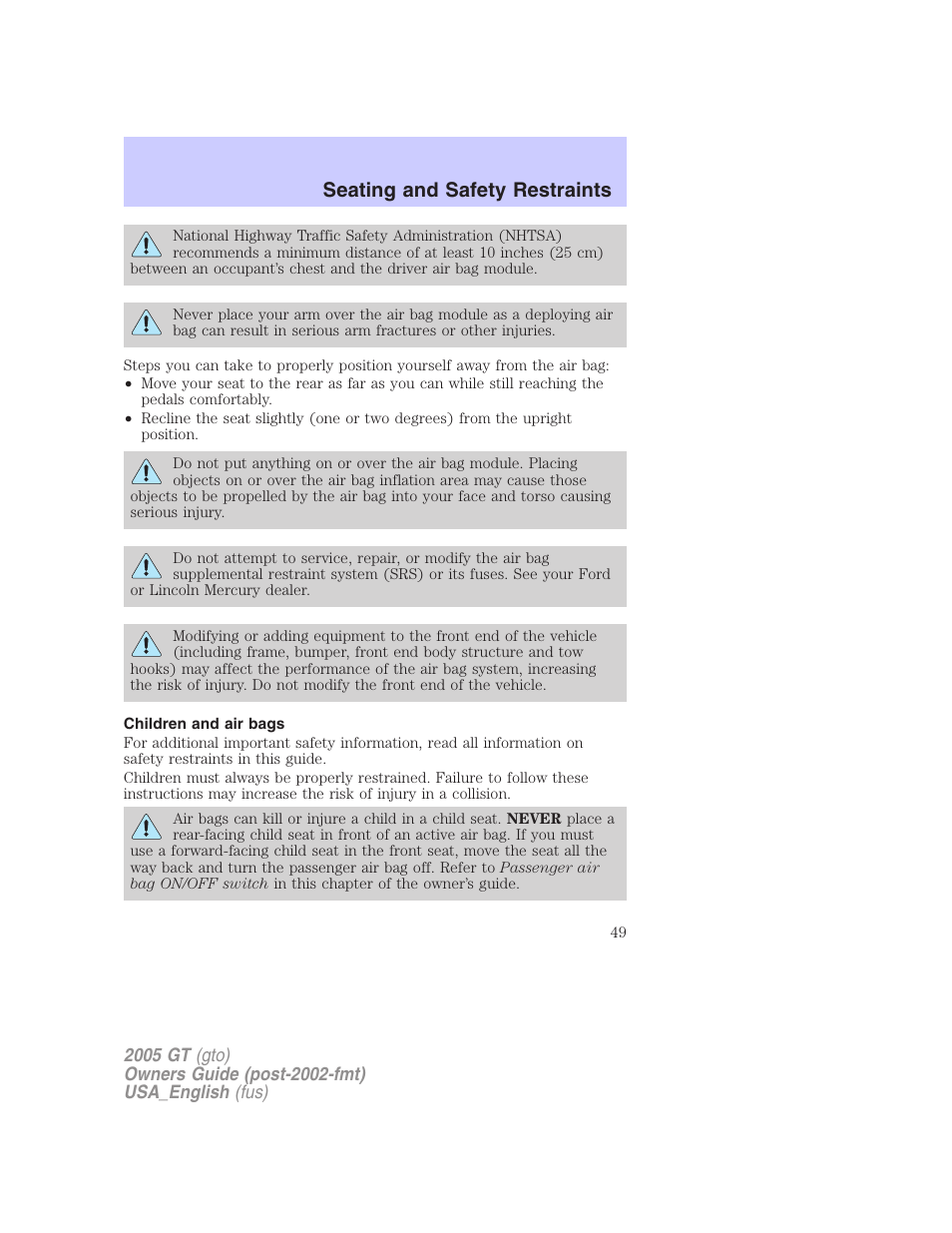 Seating and safety restraints | FORD 2005 GT User Manual | Page 49 / 200