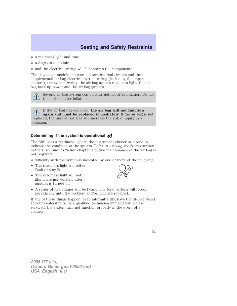 Seating and safety restraints | FORD 2005 GT User Manual | Page 51 / 200