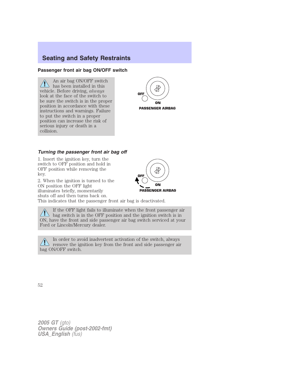 Seating and safety restraints | FORD 2005 GT User Manual | Page 52 / 200