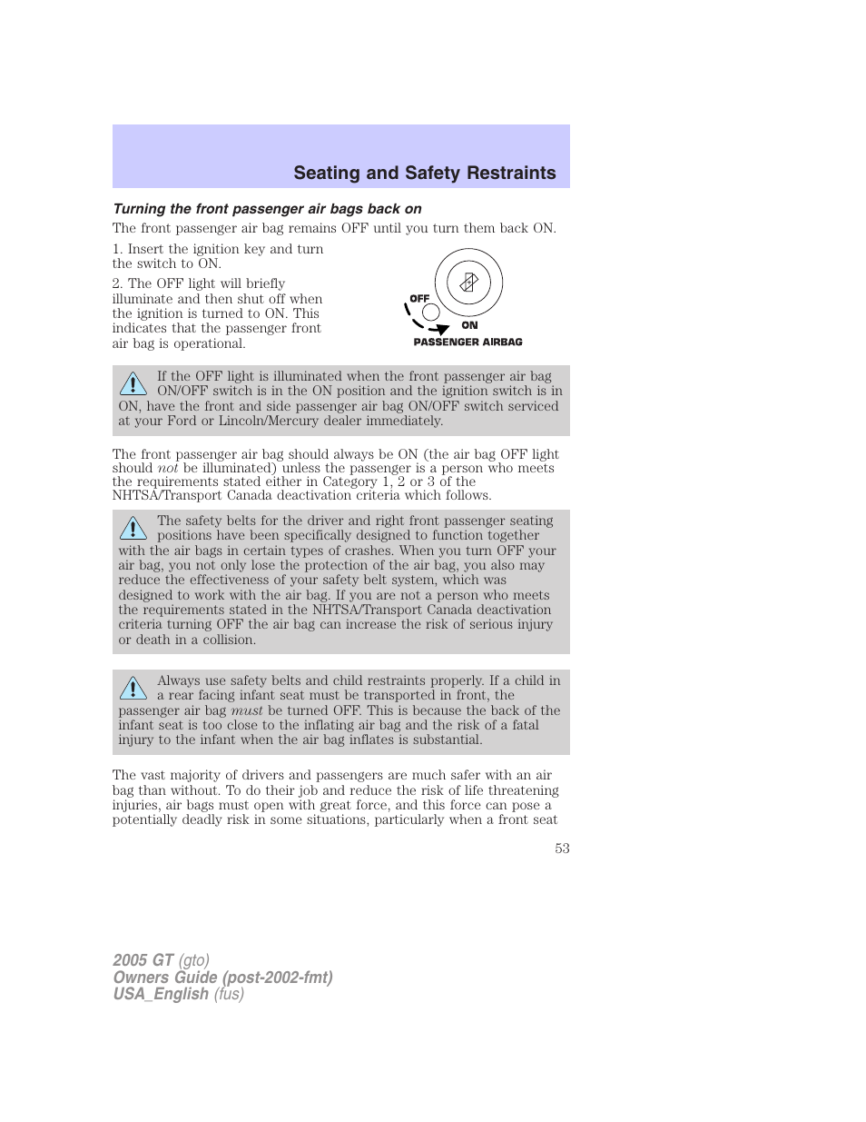 Seating and safety restraints | FORD 2005 GT User Manual | Page 53 / 200