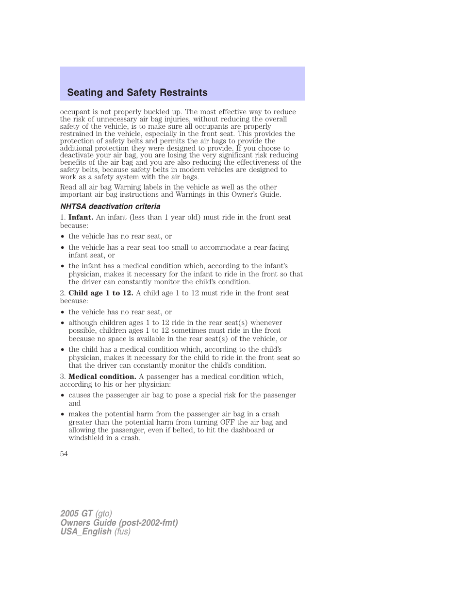Seating and safety restraints | FORD 2005 GT User Manual | Page 54 / 200