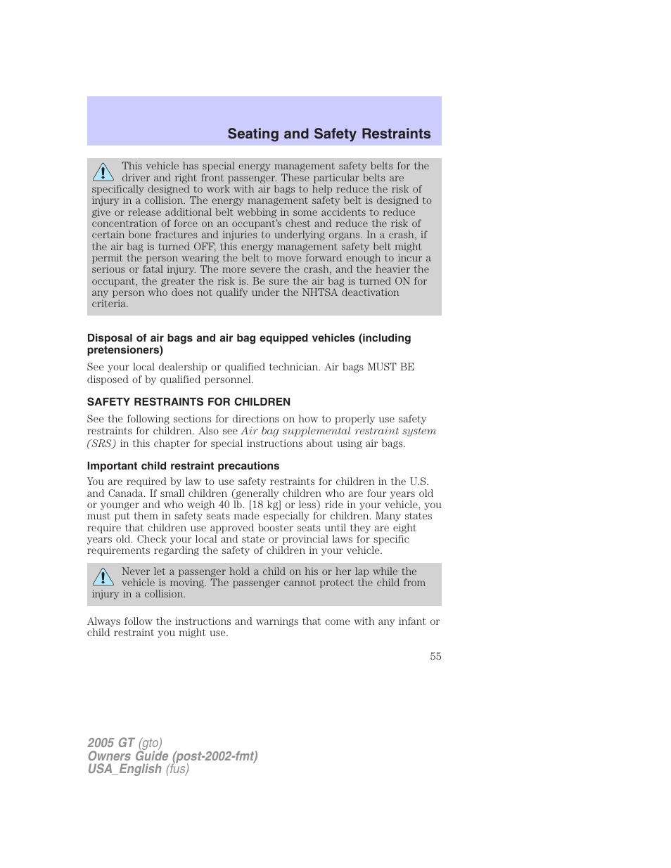 Seating and safety restraints | FORD 2005 GT User Manual | Page 55 / 200