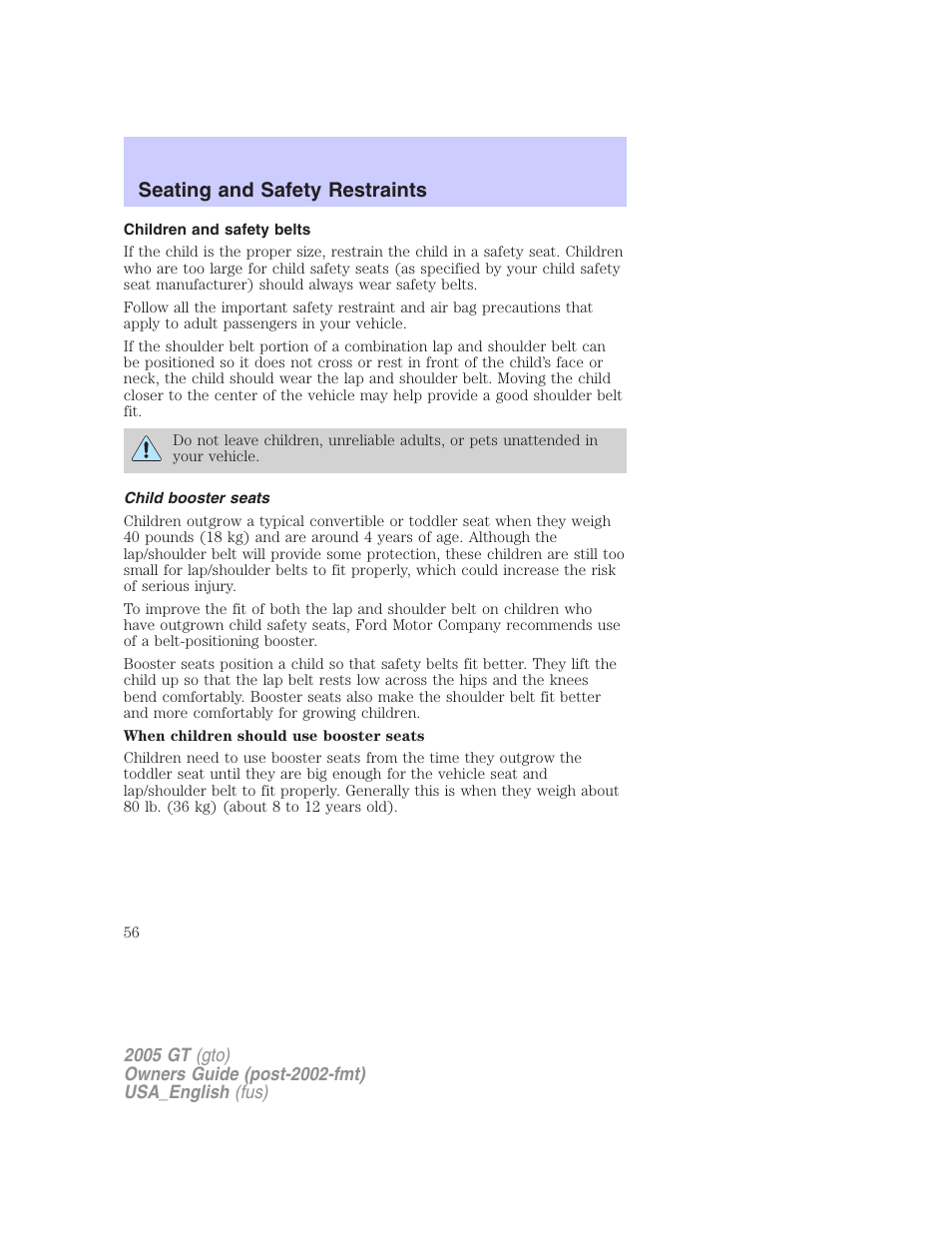 Seating and safety restraints | FORD 2005 GT User Manual | Page 56 / 200