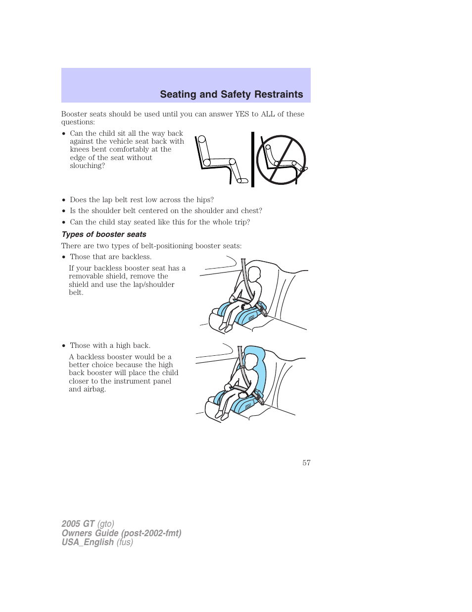 Seating and safety restraints | FORD 2005 GT User Manual | Page 57 / 200