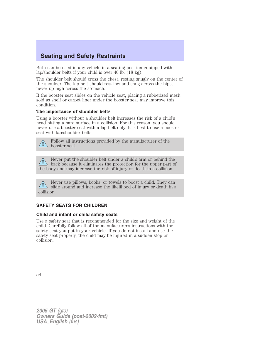 Seating and safety restraints | FORD 2005 GT User Manual | Page 58 / 200