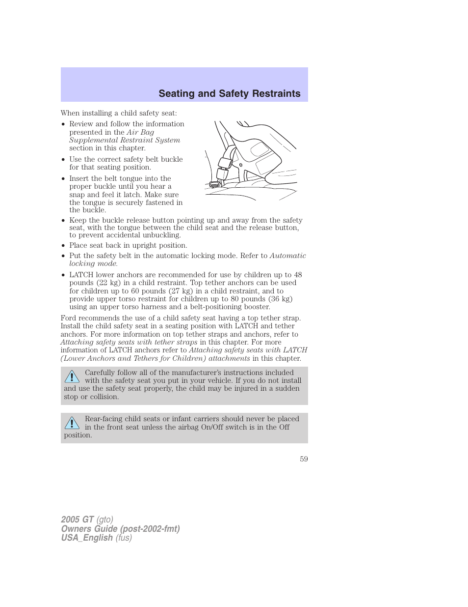 Seating and safety restraints | FORD 2005 GT User Manual | Page 59 / 200