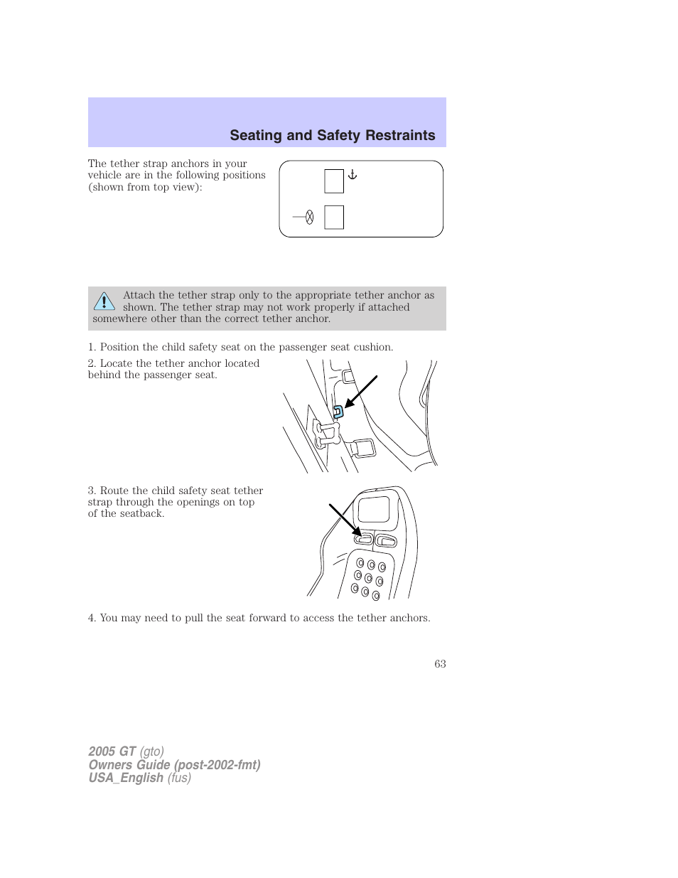 Seating and safety restraints | FORD 2005 GT User Manual | Page 63 / 200