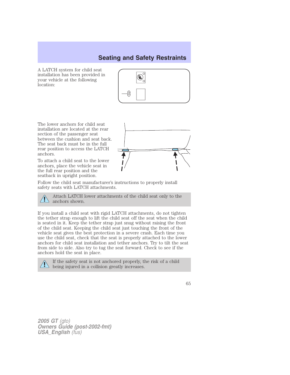 Seating and safety restraints | FORD 2005 GT User Manual | Page 65 / 200