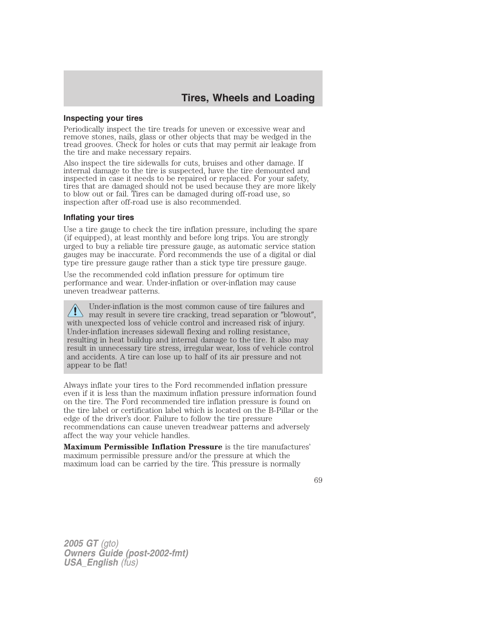 Tires, wheels and loading | FORD 2005 GT User Manual | Page 69 / 200