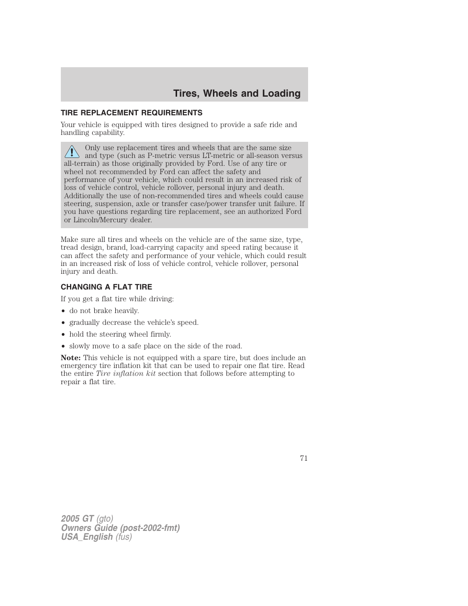 Tires, wheels and loading | FORD 2005 GT User Manual | Page 71 / 200