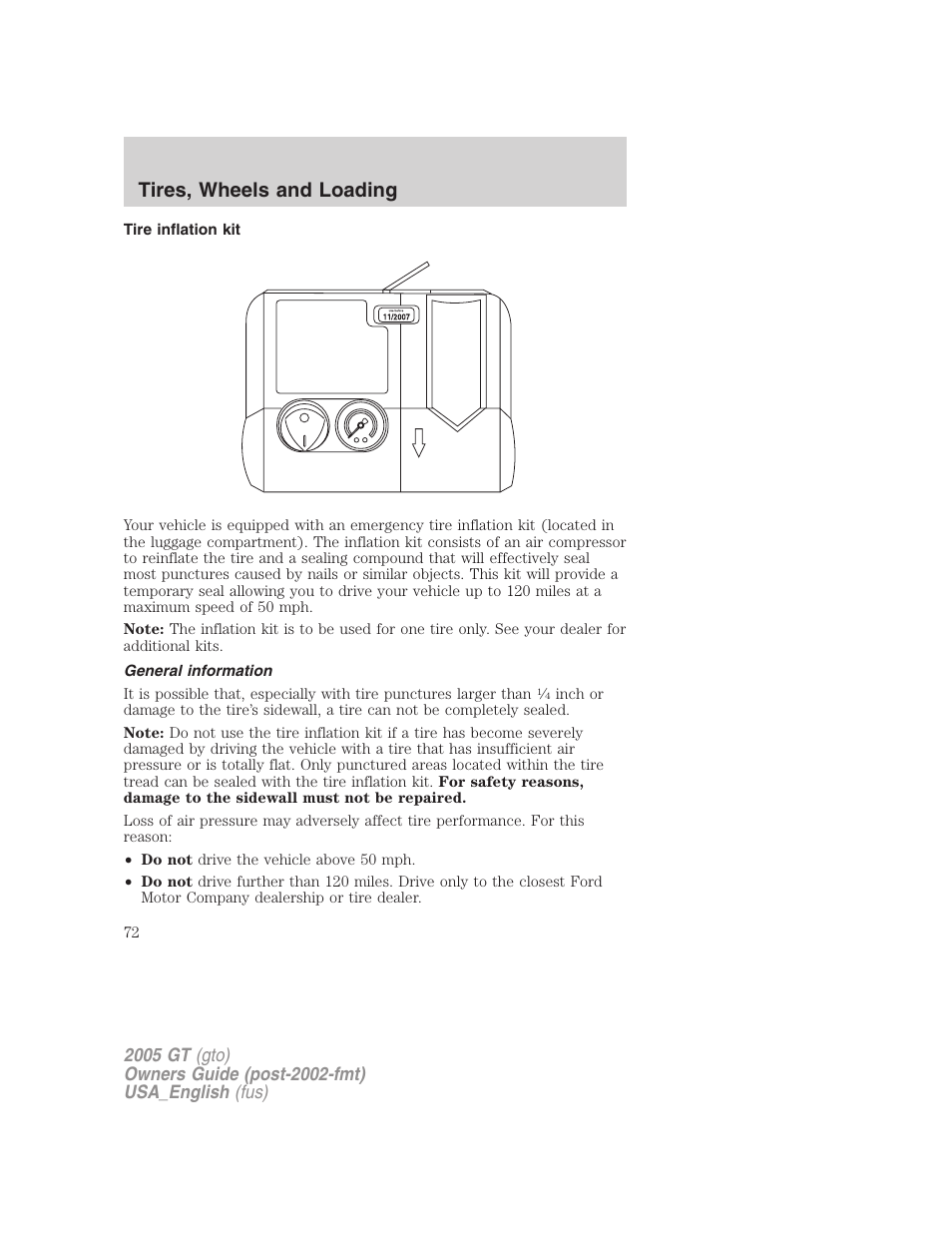 Tires, wheels and loading | FORD 2005 GT User Manual | Page 72 / 200