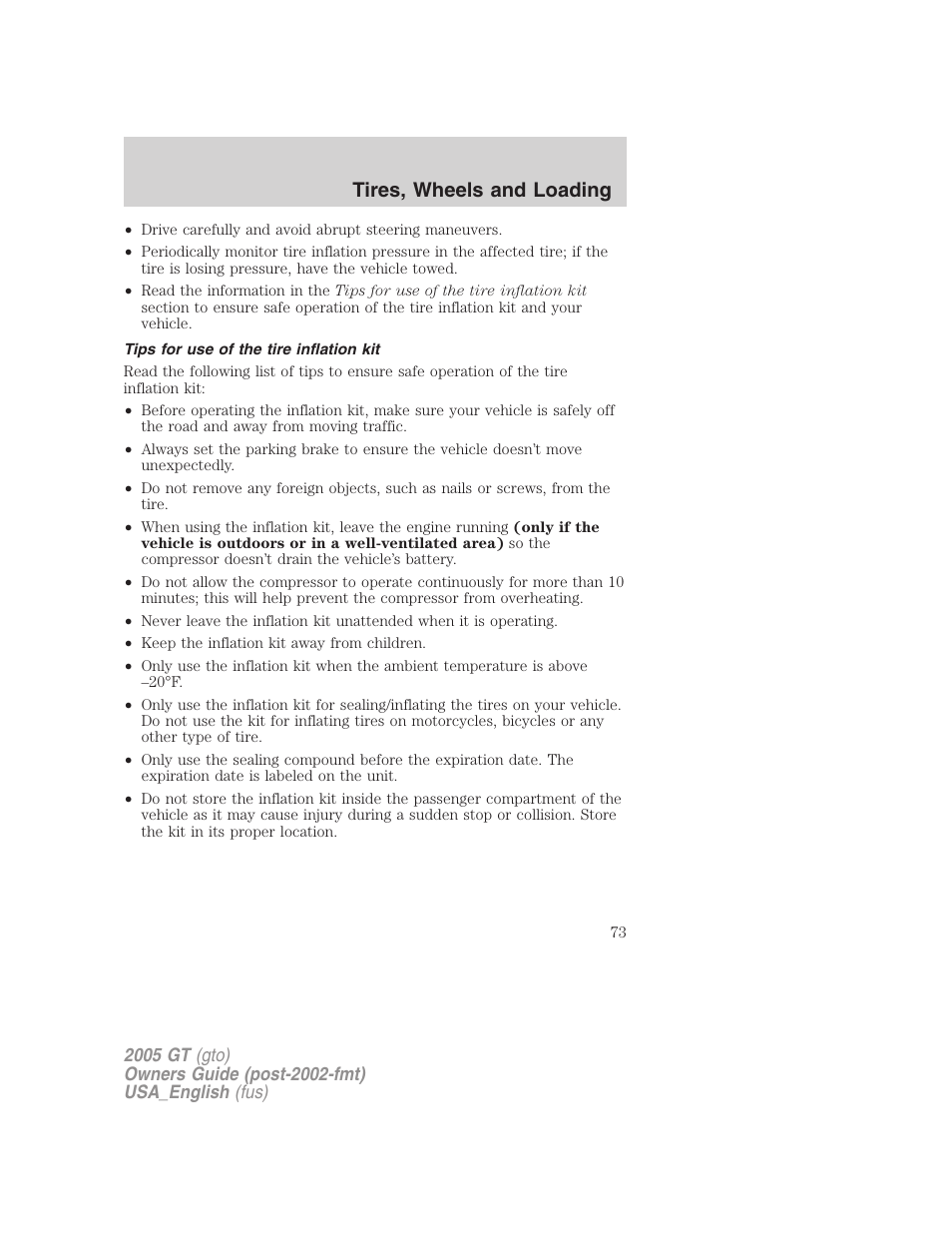 Tires, wheels and loading | FORD 2005 GT User Manual | Page 73 / 200