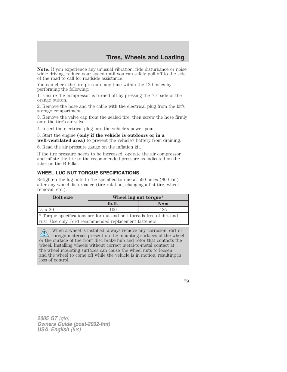 Tires, wheels and loading | FORD 2005 GT User Manual | Page 79 / 200