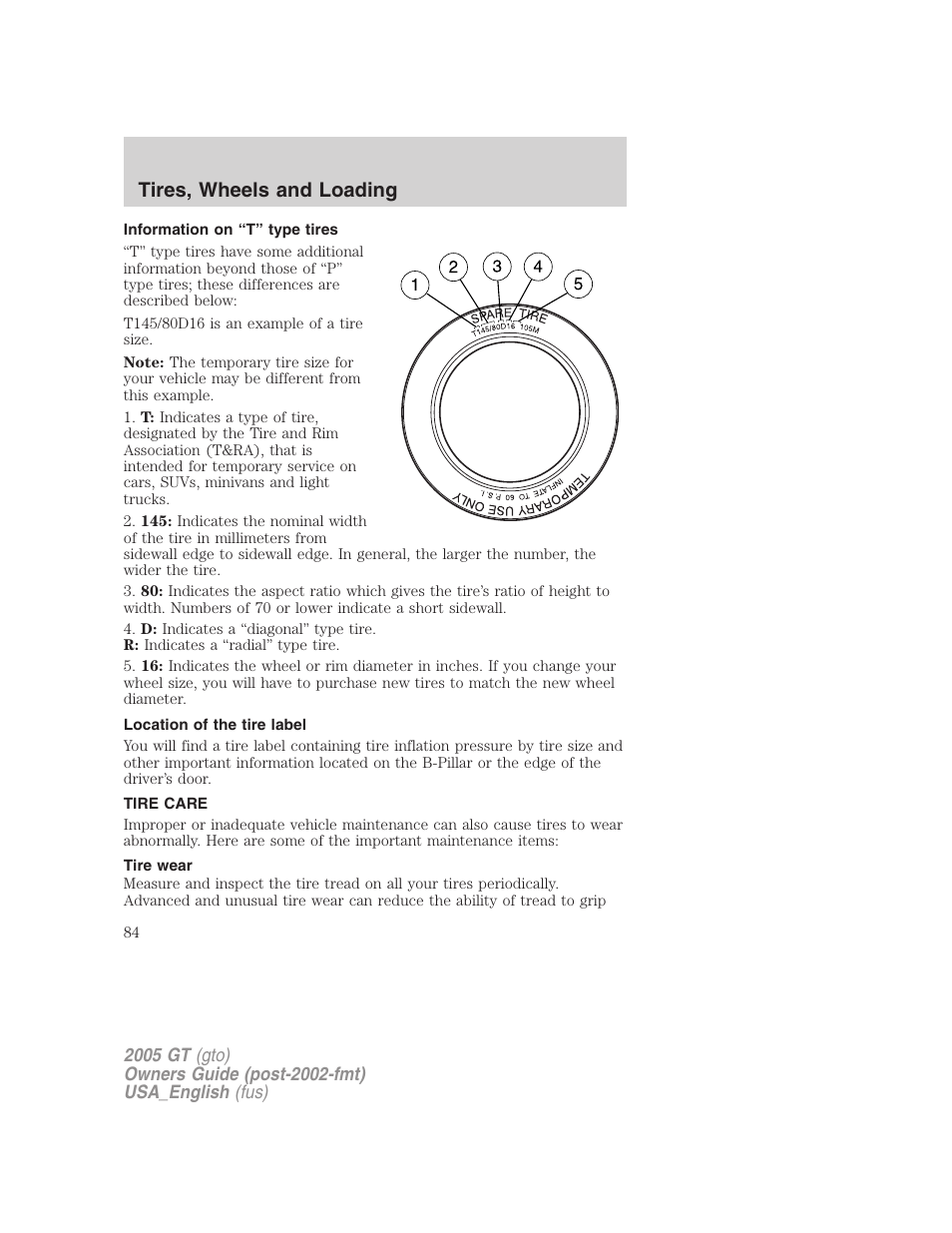 Tires, wheels and loading | FORD 2005 GT User Manual | Page 84 / 200