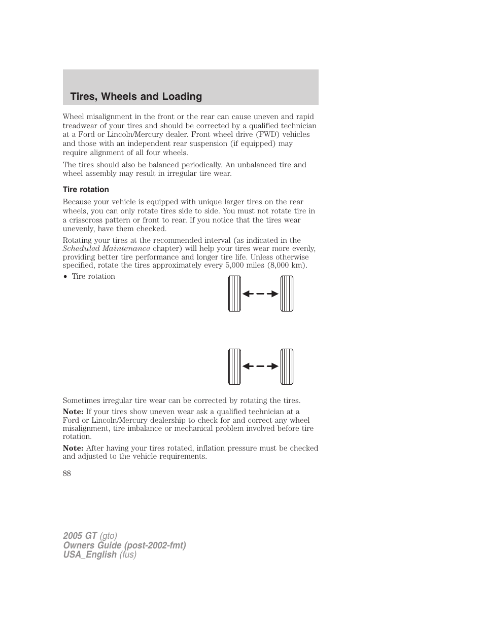 Tires, wheels and loading | FORD 2005 GT User Manual | Page 88 / 200