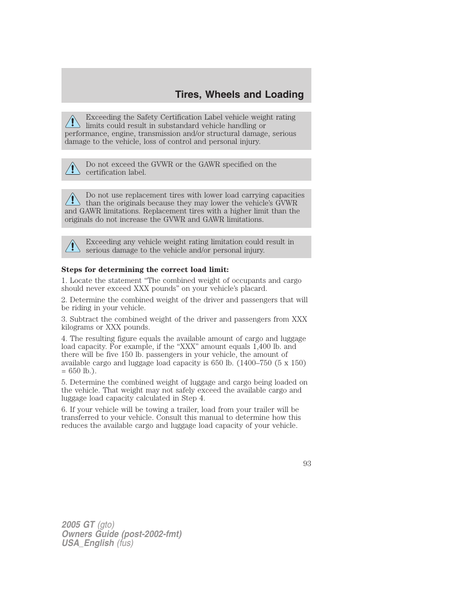 Tires, wheels and loading | FORD 2005 GT User Manual | Page 93 / 200