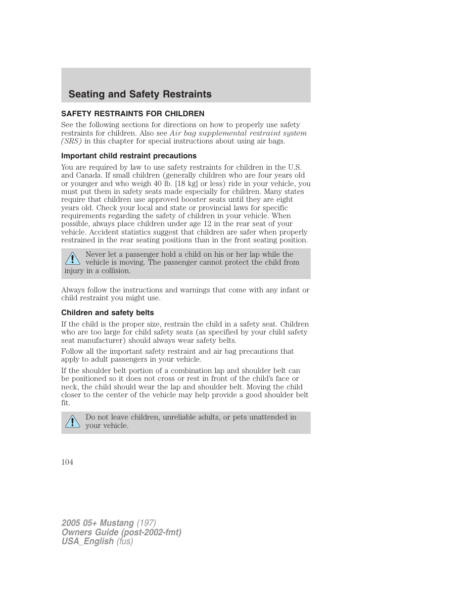 Seating and safety restraints | FORD 2005 Mustang v.1 User Manual | Page 104 / 240