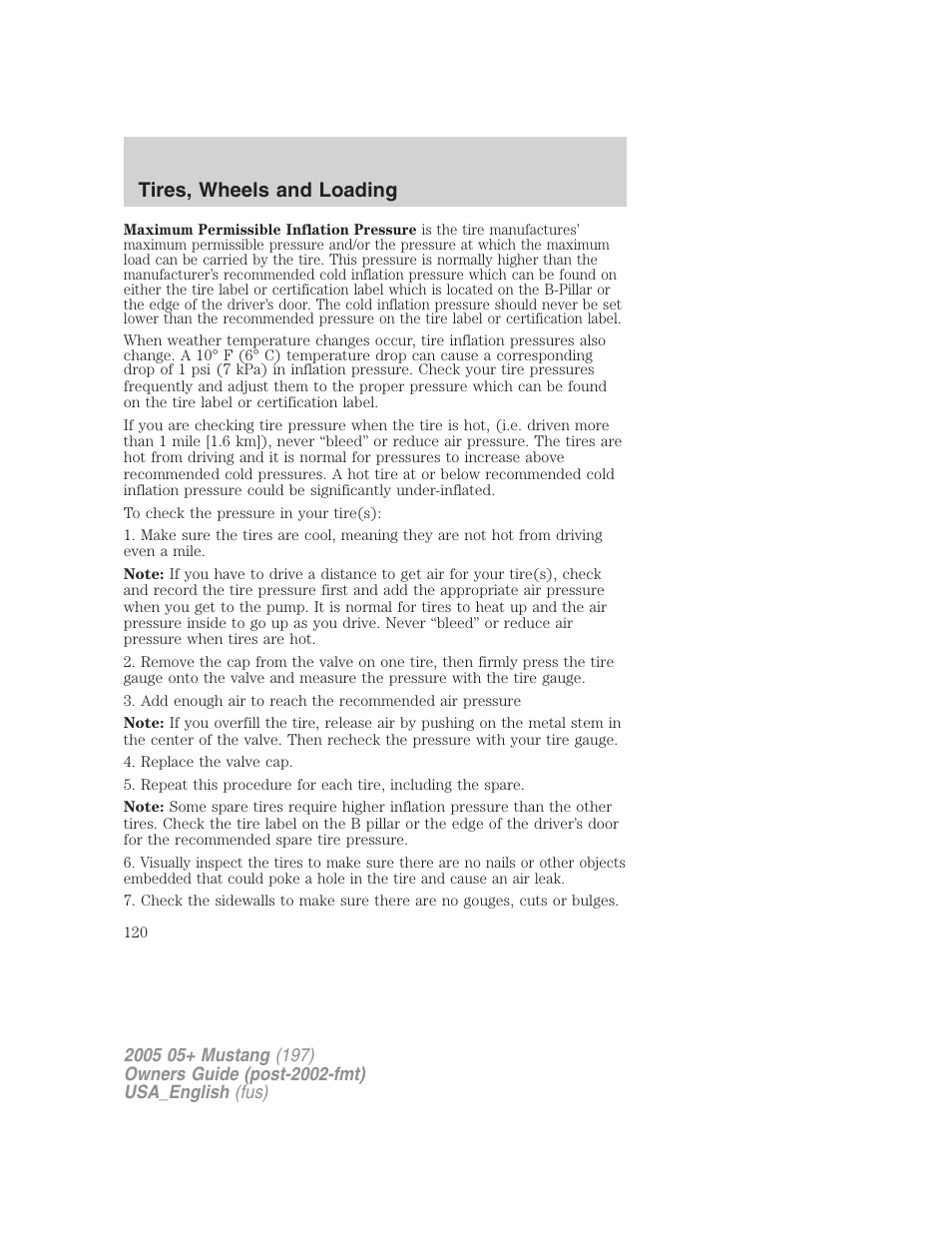 Tires, wheels and loading | FORD 2005 Mustang v.1 User Manual | Page 120 / 240