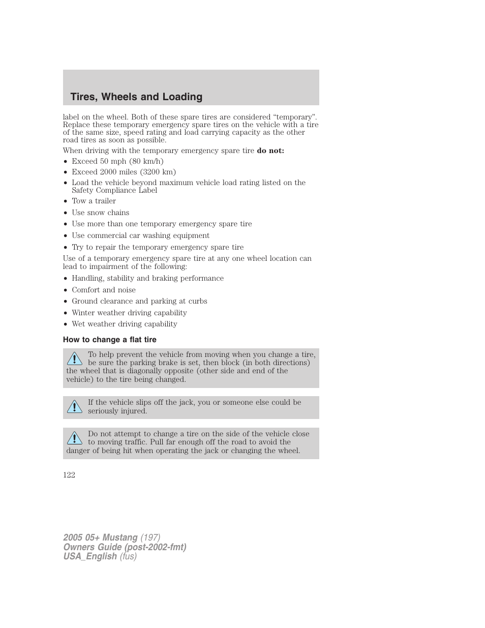 Tires, wheels and loading | FORD 2005 Mustang v.1 User Manual | Page 122 / 240