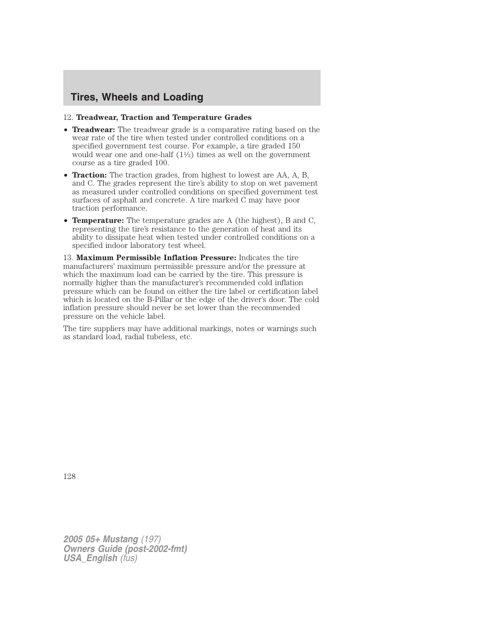 Tires, wheels and loading | FORD 2005 Mustang v.1 User Manual | Page 128 / 240
