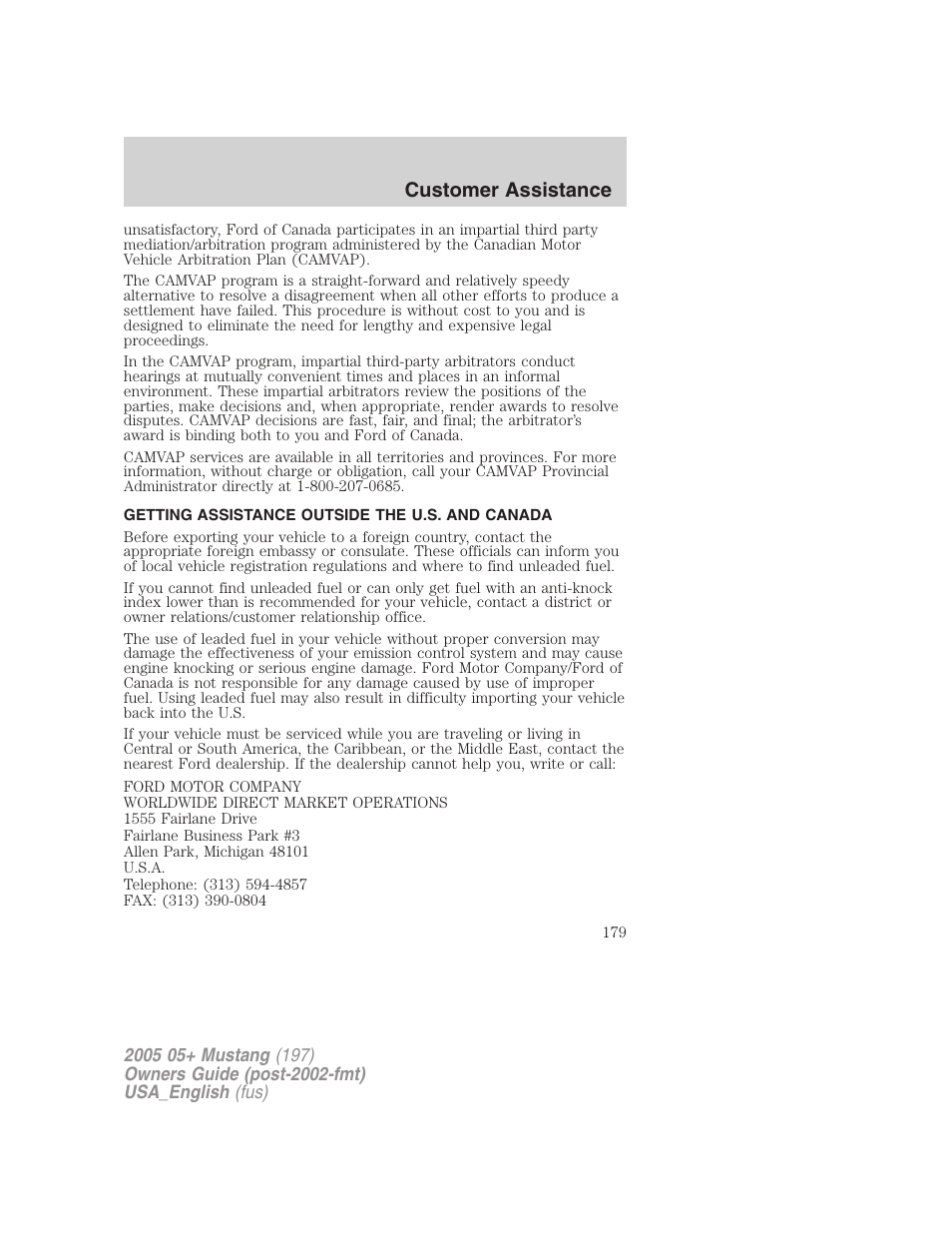 Customer assistance | FORD 2005 Mustang v.1 User Manual | Page 179 / 240