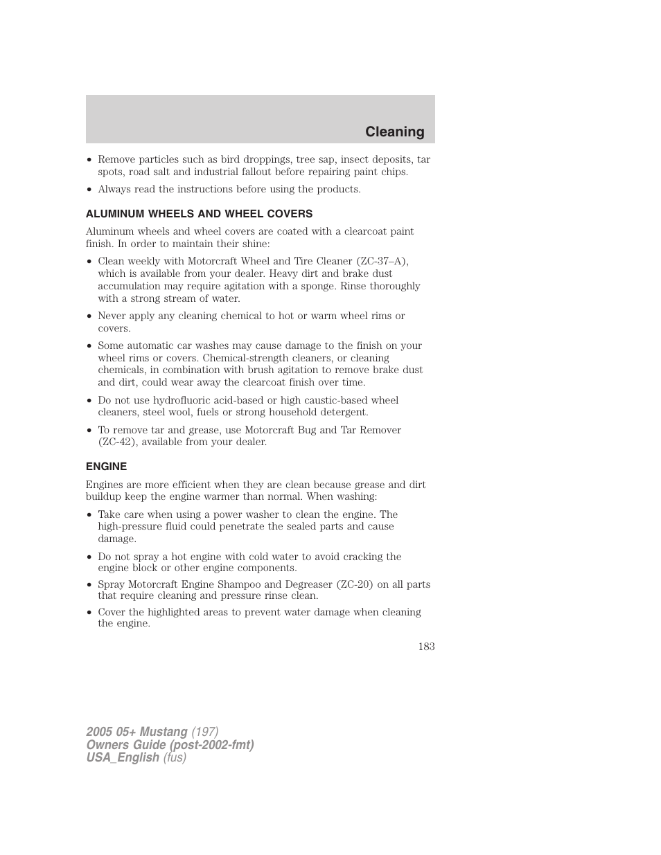 Cleaning | FORD 2005 Mustang v.1 User Manual | Page 183 / 240