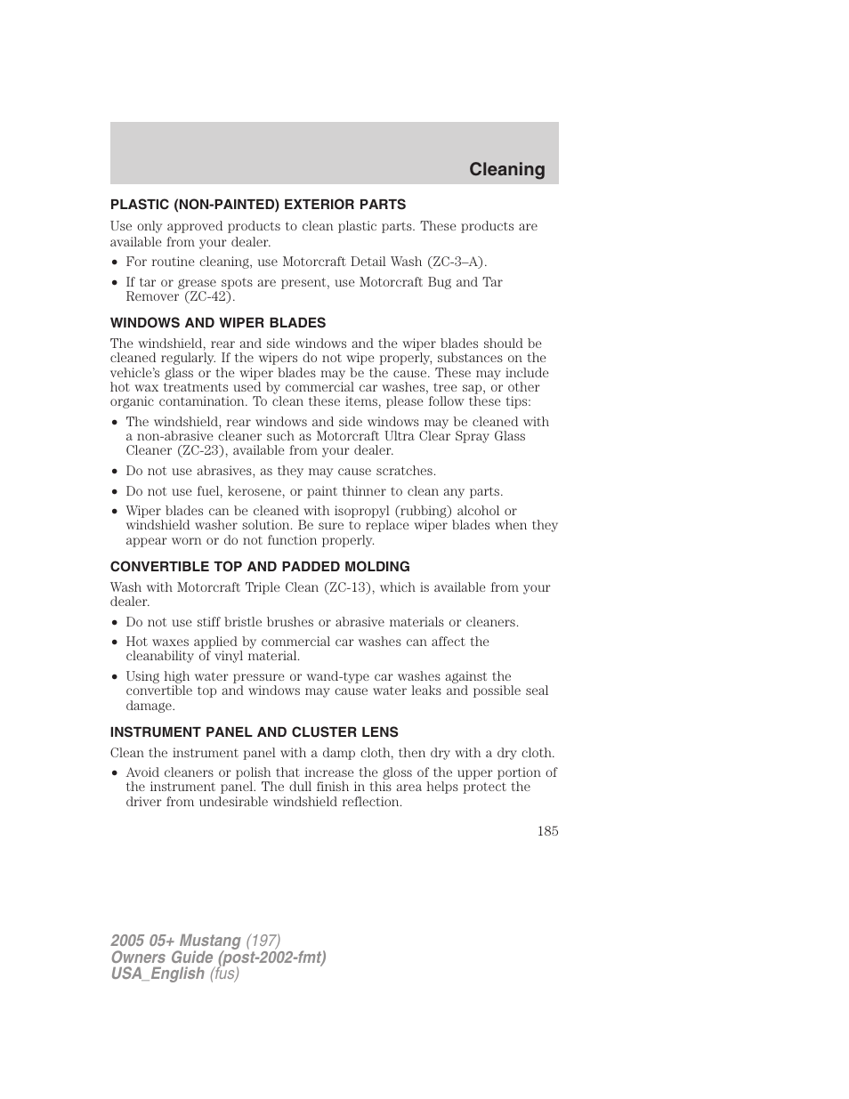 Cleaning | FORD 2005 Mustang v.1 User Manual | Page 185 / 240