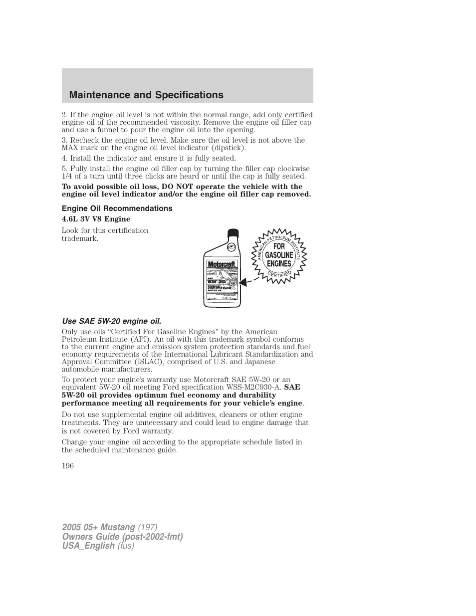 Maintenance and specifications | FORD 2005 Mustang v.1 User Manual | Page 196 / 240