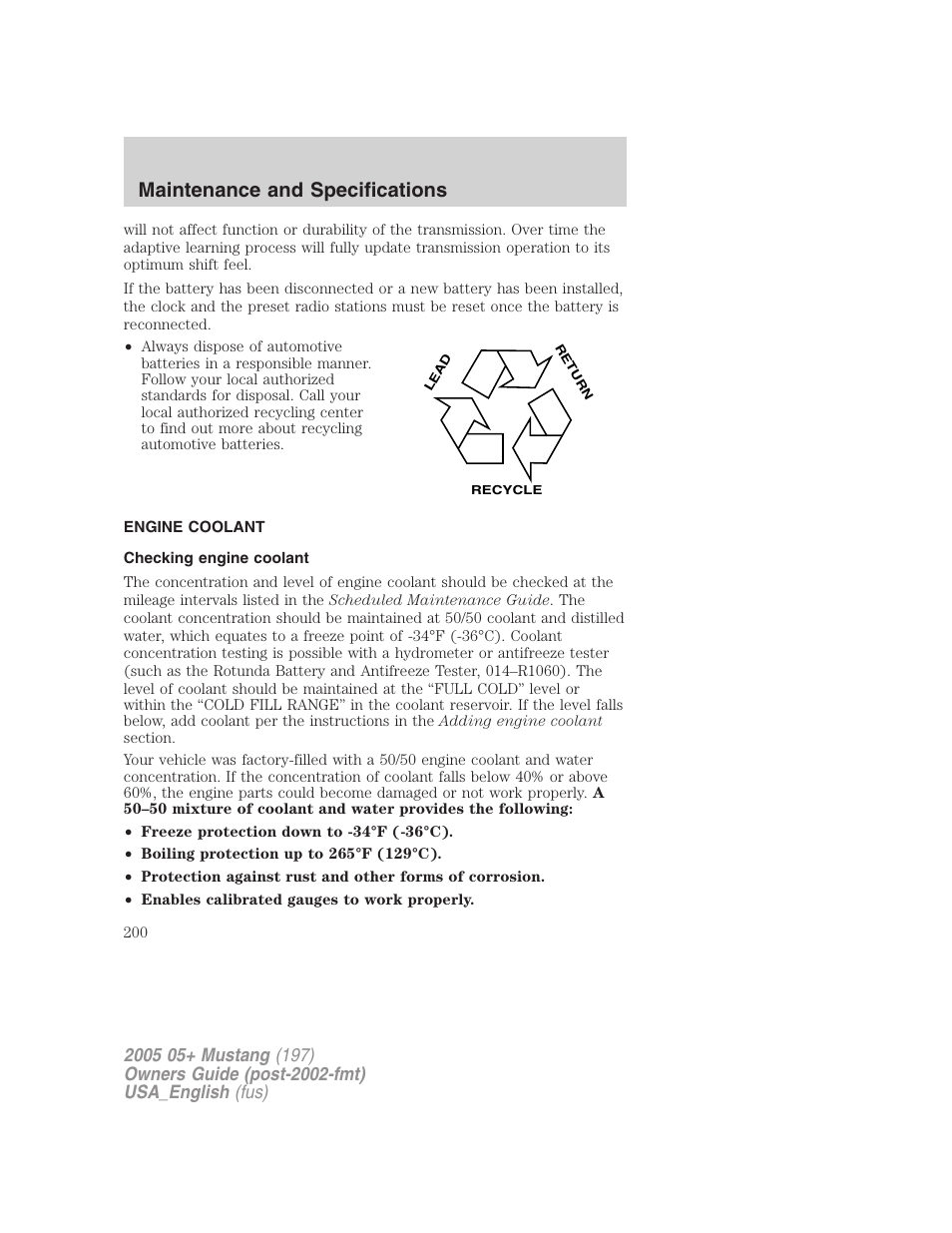 Maintenance and specifications | FORD 2005 Mustang v.1 User Manual | Page 200 / 240
