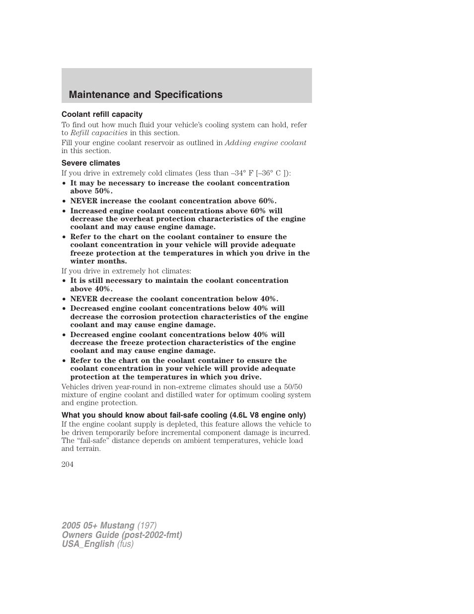 Maintenance and specifications | FORD 2005 Mustang v.1 User Manual | Page 204 / 240