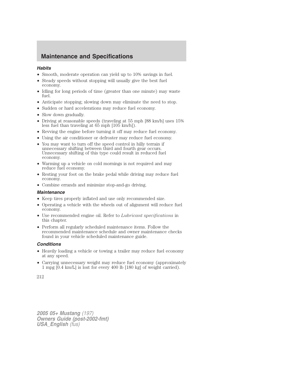 Maintenance and specifications | FORD 2005 Mustang v.1 User Manual | Page 212 / 240