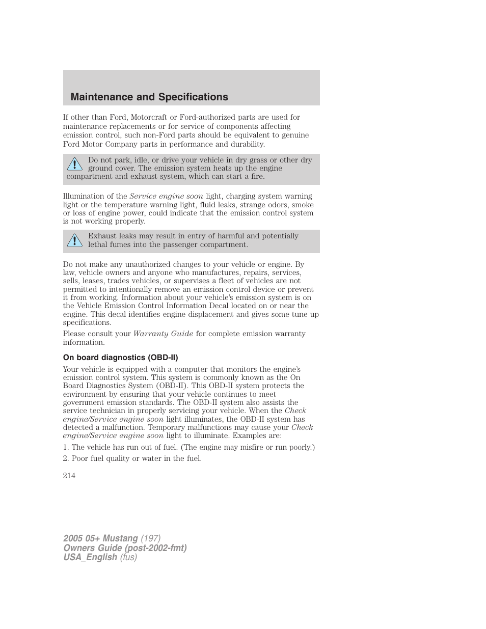 Maintenance and specifications | FORD 2005 Mustang v.1 User Manual | Page 214 / 240